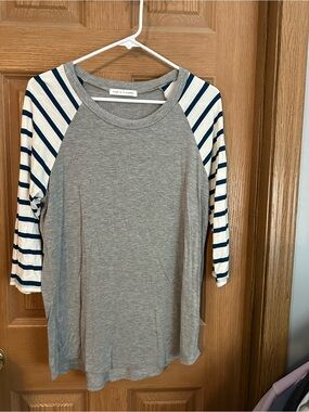 Chris & Carol Gray Raglan Tee with Dark Green Striped Sleeves